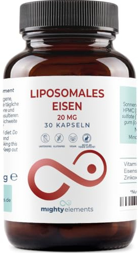 Mighty Elements Liposomales Eisen 20 mg + Vitamin C 200 mg, 30 Kapseln | Mit Zink, vegan, hochdosiert, hohe Bioverfügbarkeit, ohne Zusätze, Made in Germany, 30 Portionen
