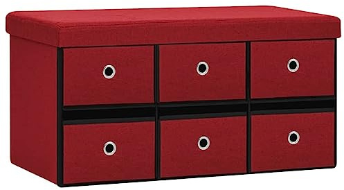 Mhdvray Faltbare Sitzbank mit Stauraum Weinrot 76x38x38 cm Leinenoptik Truhenbank mit 6 Schubladen für Flur Wohnzimmer Schlafzimmer Balkon