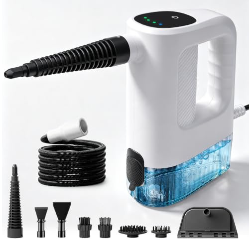 Limpiador a vapor portátil de 1200 W, Vaporeta de Mano con 10 Accesorios, sin Químicos, Calentamiento en 15s, Depósito de 400ml, Apto para Sofás, Cocinas, Alfombras y Juntas de Azulejos