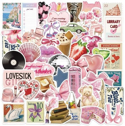 Merzio 100 Pcs Aesthetic Stickers, Waterproof Vinyl Cute Pink Girls Coquette Decals for Water Bottle Laptop Computer and Phone, Scrapbook Vintage Girlhood Sticker Book Supplies for Teens, Adults