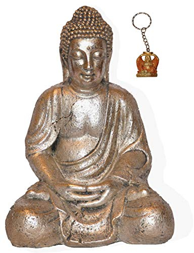 - Deko-Buddha sitzend, ca. 40cm hoch in Silber mit Buddha-Schlüsselanhänger Buddha-Figur für Wohnung, Haus | Buddha-Statue, Wohnaccessoire Buddha-Skulptur Feng Shui Dekoration