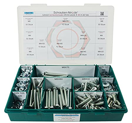Set DIN 933 Sechskantschrauben M8 galv. verzinkt 8.8 Muttern + Scheiben | Sortiment M8 DIN 933 - Maschinenschrauben Stahl Werkstoff 8.8 Gewindeschrauben/Scheiben/Muttern