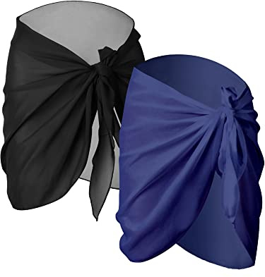2 Pezzi Nero e Bianco Donne Spiaggia Wrap Sarong Coprire Gonne Avvolgenti del Costume da Bagno Chiffon (Nero e Blu, Corto)