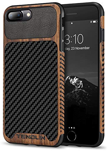 TENDLIN iPhone 8 Plus/7 Plus Coque avec Bois et Cuir de Fibre de Carbone TPU Silicone Hybrid Souple