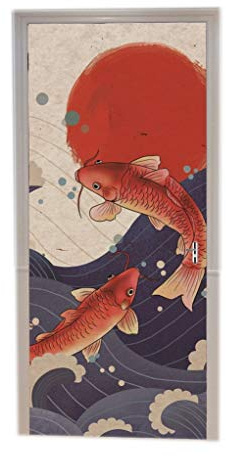 A.Monamour Türtapete Selbstklebend Türfolie Türposter 3D Japanische Art Koi Karpfen Fisch Ozean Wellen Rote Sonne Vinyl Folie Türdeko Tapete Wandbild Türaufkleber Türtattoo 77 x 200 cm