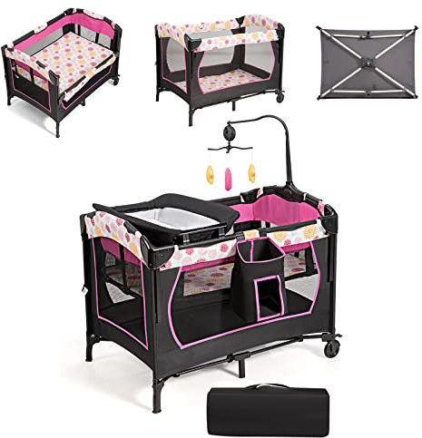 COSTWAY 4 in 1 Reisebett klappbar, Beistellbett & Wickeltisch & Laufstall | Babybett 2 Ebenen höhenverstellbar mit Tragetasche, Matratze & Spieluhr, Mobile Stubenwagen, 15 kg belastbar (Rosa)