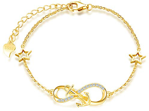 MicLee-Pulsera mujer plata de ley 925 pulsera símbolo náutico ancla pulsera símbolo infinito con estrellas ahuecadas y pulsera cadena ajustable con circonitas