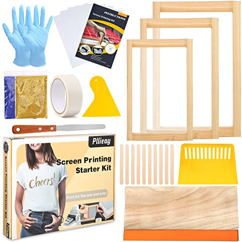 Pllieay Kit de inicio de serigrafía de 26 piezas, 3 marcos de impresión de seda de madera de diferentes tamaños con malla 110, espátulas de serigrafía, película transparente de inyección de tinta,