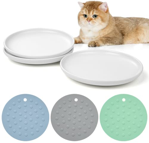 Keramik-Katzennäpfe, 3 Packungen, stressfreie Katzenfutterteller mit 3 rutschfesten Matten, breiter und Flacher Katzenfutternapf zur Linderung von Ermüdung der Schnurrhaare, für Katzen, Kätzchen2