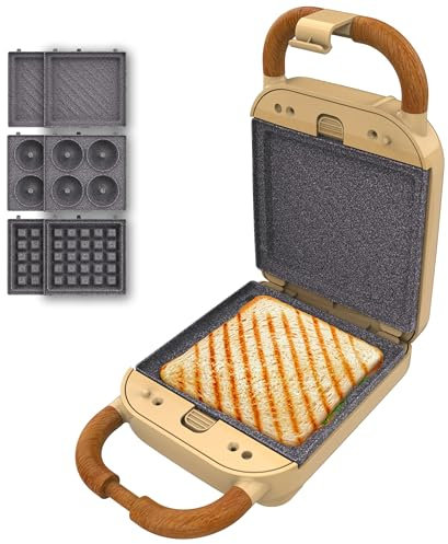 Cecotec Sandwichmaker Vintage Rock'Ntoast Retro One Gelb. 700W, 3 austauschbare Platten, Retro-Design, Rockstone-Beschichtung, Leuchtanzeige, rutschfeste Basis, kühler Griff, Verschlusszange