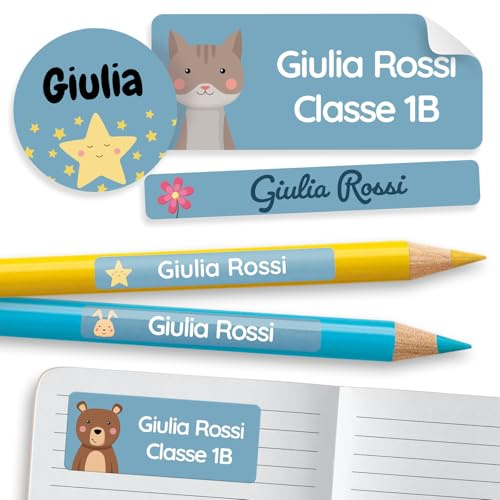 MELU Kids® Namensaufkleber Set für Kinder - Schule (125 STK, Blau) | Personalisiert & Wasserfest, Aufkleber mit Namen für Stifte & Schulsachen in verschiedenen Größen, Namensetiketten