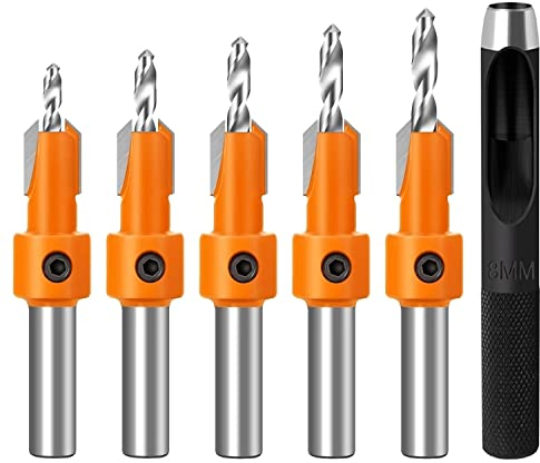 5 pezzi 8mm Punte da Trapano Svasate, punte per legno Falegnameria, con 86mm Punzoni da Punzone, Punte da Trapano Affusolate per Foratura del Legno, Diametro di Foratura: 2,8-4 mm (5 pezzi)