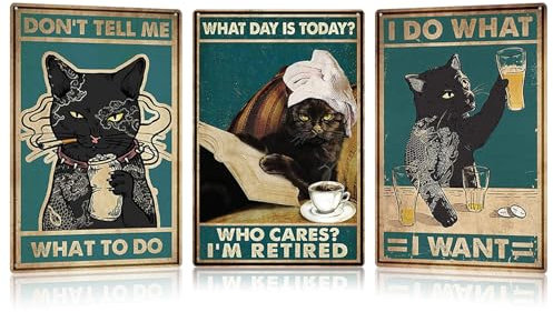 HMIEPRS 3 Pezzi Gatto Nero Targhe in Metallo, Quadri in Metallo Poster Vintage, Segno di Latta Retro Art Poster Dipinti, Decorazioni Retrò Poster con Placca Murale per Bar Pub Cafe Casa (Style C)