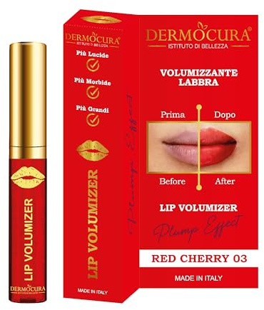 Dermocura Lip Volumizer - Lippen aufpolsternd mit Chili-Pfeffer 5 Mal stärker Cherry aufpolsternder Lipgloss Lang anhaltender Sofortaufpolstereffekt HERGESTELLT IN ITALIEN.