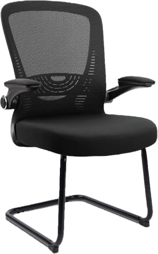 CLATINA Waiting Room Chairs with Flip Up Arms and Adjustable Lumbar Support, Office Guest Chairs & Reception Chair for Conference Room, Breathable Mesh Black Desk Chair No Wheels for Elderly