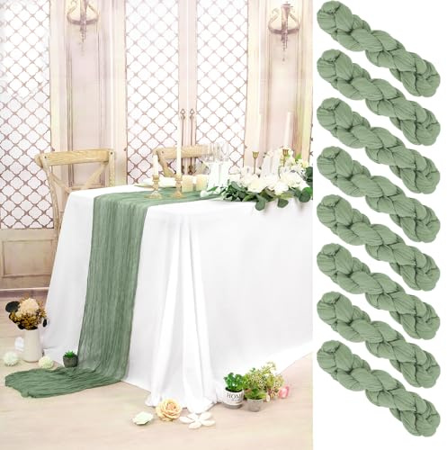Pesonlook 8 Stück Käsetuch Tischläufer Salbeigrün Lang, 90 x 300 cm | 3 m lang, Rustikaler Gaze Stoff Boho halbtransparent Hochzeits Seihtuch Tischläufer für Hochzeit, Party, Brautparty，Bankett