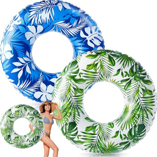 Silipull 2 Pcs Large Adult Float Tube 47.24 Inches Hawaii Inflatable Pool Ring Floats Single Sided Printing Inflatable Pool Tube Swimming Ring for Adults Summer Beach(Hawaii,Green,Blue)