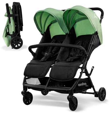 Asalvo DOUBLE HENRY Silla de paseo Doble, Cochecito doble para Gemelos y Hermanos, Ligera, Reclinable, Compacta, Plegable, Hasta 33kg, Freno trasero, Capota con ventana, Manejable, Verde
