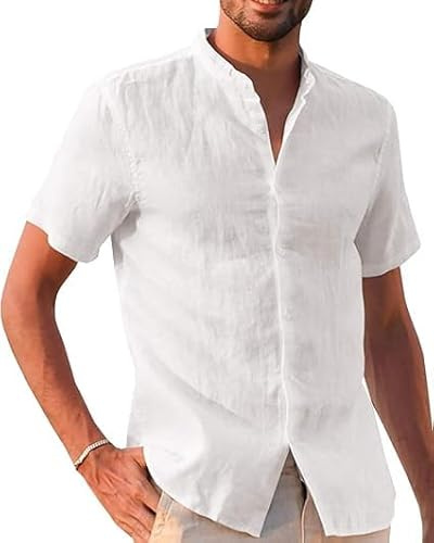Runcati Camicia in lino, da uomo, a maniche corte, per il tempo libero, vestibilità normale, da spiaggia, tinta unita, casual, bianco, XXL