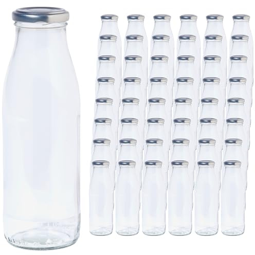 Vitrea 48 leere Glasflaschen 500ml Schraubverschluss Silber - Milchflaschen, Saftflaschen, Flaschen zum Befüllen mit Deckel - für Milch, Saft, Smoothies, Öl - 48 Stück, TO48, Milch