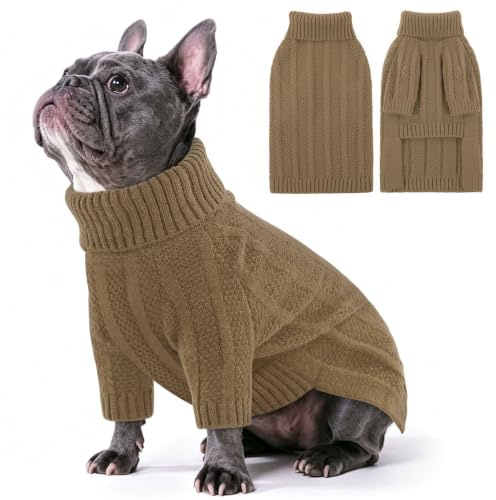 Queenmore Hundepulli Große Hunde, Warm & Weich, Strickpullover für Französische Bulldogge, Bulldog, Windhund & Corgi (Braun, L)