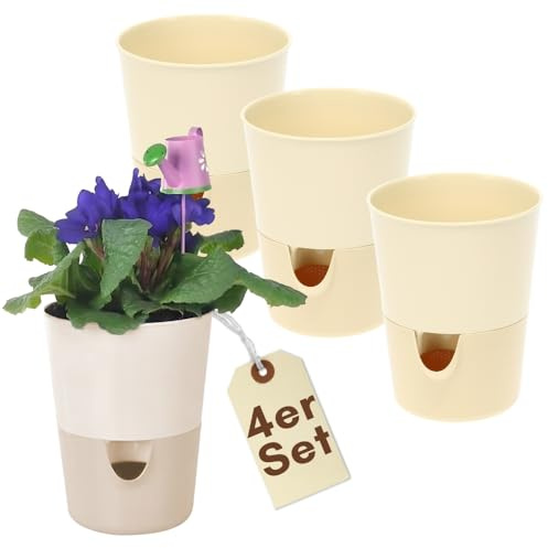 GarPet 4er Set Kräutertopf Selbstbewässernd Selbstbewässerungstopf Kräutertopf Küche Basilikum Topf Blumentopf mit Bewässerungssystem Fensterbank Elfenbein 11 cm