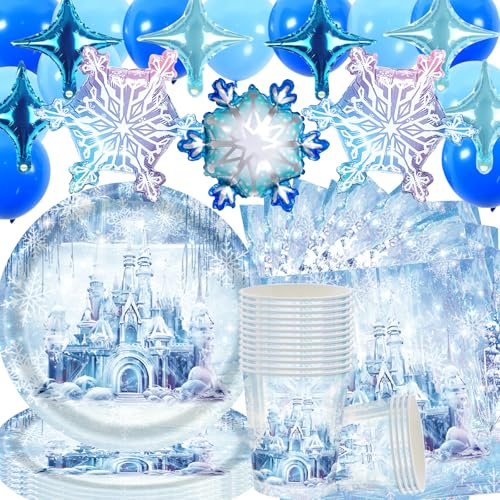 Doyomtoy Die Eiskönigin Motto Party Dekorationen,81 Stück Schneeflocken-Schloss Partygeschirr Essteller,Tassen,Servietten,Schneeflockenballons Geeignet Schneeflocke Partygeschirr,für Kindergeburtstage