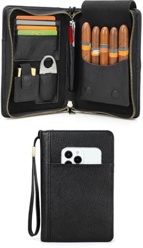 Hiram Cigarrfodral äkta läder cigarr humidor bärbar multifunktionell cigarr reselåda tobaksrör förvaringspåse för män, 5009-svart, For 5 Cigars