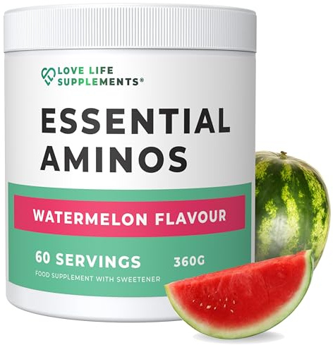 Essential Amino Acids Powder, Full Spectrum EAA & BCAA Drink for Muscle Recovery, Watermelon Flavour, 60 Servings, High Strength Intra Workout Supplement, UK Made - Love Life Supplements