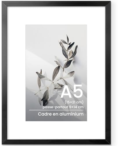 Feihorrm Bilderrahmen A5 Metall Schwarz mit Glas und A6 Passepartout | Aluminium Rahmen A5 15x21 cm Fotorahmen Mit gehärtetem Glas, 9x14 cm-Fotos mit Passepartout für Wand oder Tischdisplays