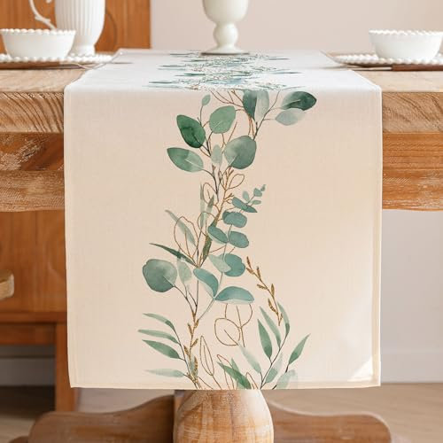 Jayusaror Eukalyptus Tischläufer Frühling Sommer Grün Blatt Botanical Modern Tischdekoration Table Runner Saisonal Küche Esstisch Dekoration Draußen Urlaub Party Wohnzimmer Deko 40 x 140 cm