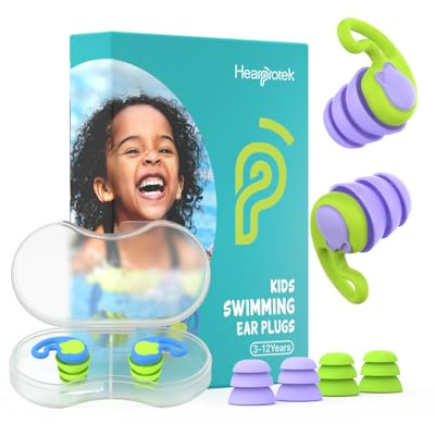 Hearprotek Kinder Schwimm-Ohrstöpsel, 2 Paar Wiederverwendbare Wasserdichte Silikon-Ohrstöpsel mit Aufbewahrungsetui(Blau-Lila)
