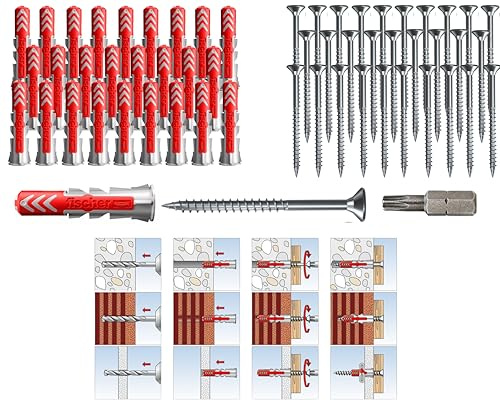 Fischer DUOPOWER DÜBEL mit SCHRAUBEN und BIT, Universaldübel, leistungsstarker 2K-Dübel, zur Befestigung in Beton, Ziegeln, Stein, Gipsbauplatten (10x50mm + 6,0x70mm Schrauben, 20, Stück)