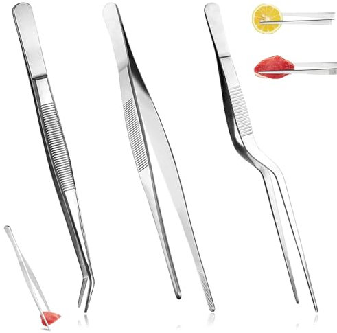 3 Stück Küchenpinzette Edelstahl, Kochpinzette Zangen Set, Kochpinzette Pinzette Küche, Küchenwerkzeuge Grillpinzette Gebogene für Dekorieren, Kochen, Meeresfrüchte, Grillen