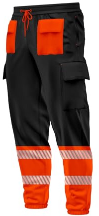 TORO ACTIVA Mens Hi Vis High Visibility Contrast Multiple Pockets Cargo Trousers Bottoms Reflective Tape Drawstring Elasticated Waist Ankle Workwear Joggers Black Orange