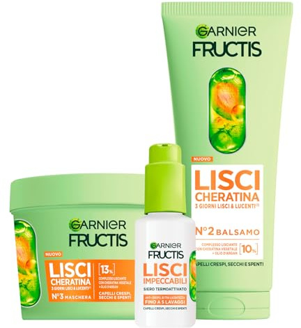 Garnier Fructis Lisci Cheratina Set Maschera 370ml + Balsamo Trattamento Lisciante Cheratina Vegetale e Olio di Argan 200ml + Siero Termoprotettore Lisci Impeccabili 50ml per Capelli Crespi - Set da 3