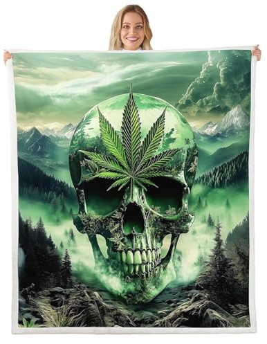 Skeleton Kids Throw Blanket,Cannabis Leaf Marijuana Weed Jungle Botanical Plant Fuzzy Blanket,Gothic Skull Trippy Fleece Throws for Bed Couch Sofa,Green Soft and Breathable,Baby Size (30 x 39 Inches)