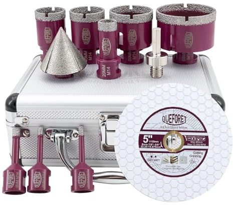QUEFORET Brocas para Porcelánico 11 Piezas - 6/6/8/20/35/40/50/68mm x M14 Corona de Diamante, 50mm Broca de Chaflán, Aadaptador, 125mm Disco Diamante para Azulejos Cerámica Mármol Granito