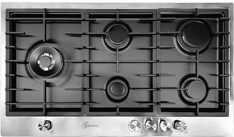 Gurari Gaskochfeld 90 cm Edelstahl/Schwarz TY905VPGC Einbau Gasherd mit 5 Flammen • WOK-Brenner 4,0 kW • Erdgas & Propan (FL.Gas) • Massive Gusseisenroste • Modernes Design • Profi-Qualität