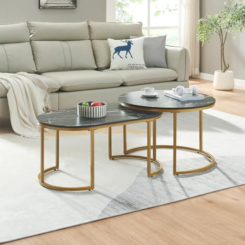 [en.casa] Couchtisch 2er Set Oppeerg Beistelltisch Wohnzimmertisch mit Metallgestell Satztisch Sofatisch Marmoroptik, schwarz/Gold