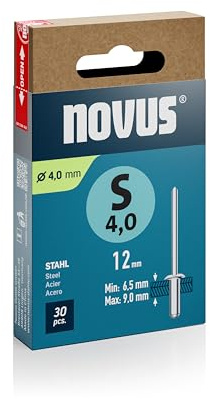 Novus Tools Stahl-Blindnieten Ø 4,0 mm, 12 mm Länge, 30 Nieten | Klemmlänge 6,5 - 9,0 mm, Nietmittel zur dauerhaften Befestigung von Stahlblechen und robusten Metallkonstruktionen