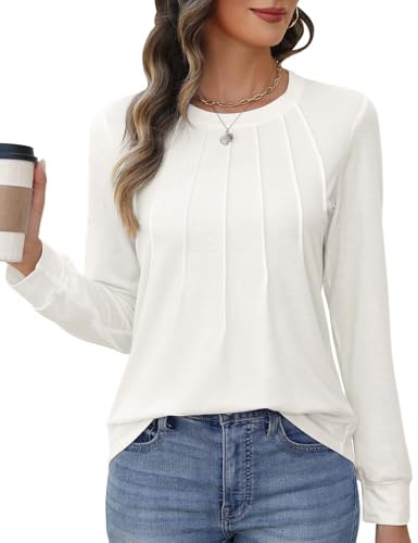 heekpek Magliette Donna Manica Lunga Tshirt Stampata Girocollo Ponchetta a Pieghe Top Donna Elegante Blusa Basic Maglietta Maniche Lunghe Primavera Estiva Autunno, Bianco, XL