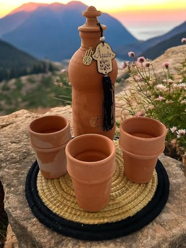 Vaso per acqua marocchina in terracotta – formato frigorifero + vassoio e tazze (1 L+o) – purificazione naturale