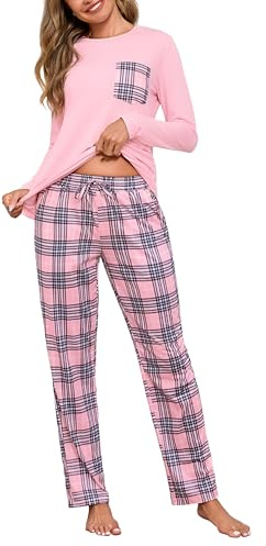 Aseniza Pyjama Femme Hiver Coton de Pyjama Ensembles Vêtement de Nuit Manche Longue 2 Pièces Rose, XL