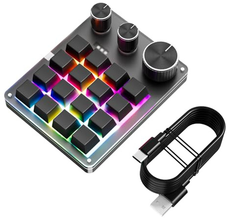 Cuifati Programmable Macro Keyboard, Wired 16 Keys Mechanical Gaming Macro Keypad with LED Light, One Hand Custom Keyboard with 3 Knobs for Copying Pasting Graphics, Type C (Black)
