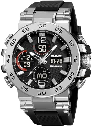 FANMIS Mens Analog Digital Dual Display Sports Watches Military Multifunctional 50M Waterproof LED Watch with Alarm Stopwatch Backlight 12H/24H Outdoor Running Swimming (Z Silver Black)