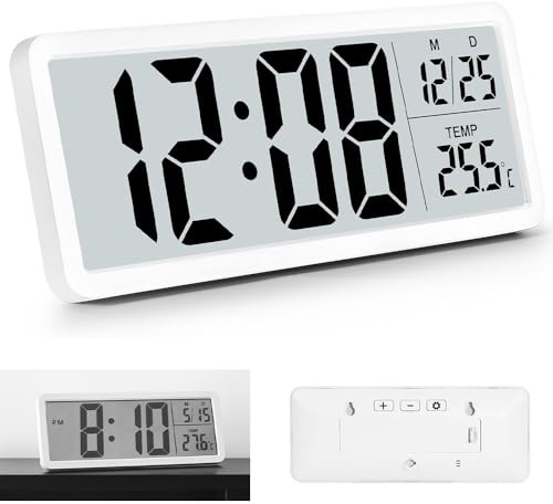 BIZOI Digitale Wanduhr Batteriebetrieben, Digitaluhr Wand mit LCD Display, Datum und Temperatur, 12/24 Stunden, 20cm Tischuhr Digitaluhr Wand für Schlafzimmer Wohnzimmer Büro Schule