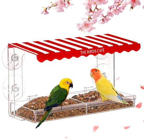 Window Bird Feeder for Outdoor, Clear Bird Feeder for Window Viewing, Squirrel Proof Birds Feeder for Cats, Acrylic Windows Birds Feeders with Strong Suction Cups, Drain Hole, Tray(Red)