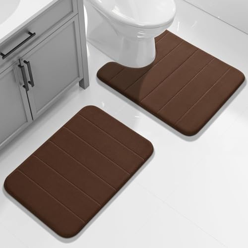 Yimobra Memory Foam Bath Mat, Soft and Comfortable, Super Water Absorption, Non-Slip, Thick, Machine Wash, Easier to Dry for Bathroom Floor Rug, 43 x 61 + 51 x 61 cm, Brown