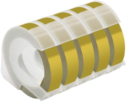 HAOCNC 5 Stück mehrfarbiges 3D-Prägeband, 9 mm, kompatibel mit Druckerzubehör E-101 E-202 12965 1540 1610 Kompatibel mit Teilenummer 3D 9 mm Etikettenband(5PK Gold)